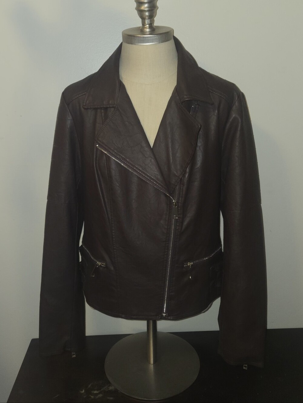 Ana Brown Faux Leather Asymmetric Zip Women's Jacket Large